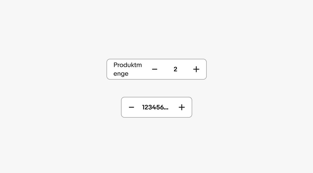 Two examples showing text overflow in a numeric stepper component. The top example demonstrates text wrapping, with the label "Produktmenge" breaking into two lines. The bottom example shows truncation, where a long number value is shortened and ends with an ellipsis (“123456…”).