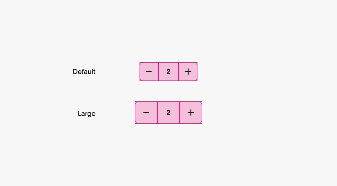 Comparison of tap target sizes in numeric steppers. The top example labeled “Default” shows standard-sized buttons for minus, value “2,” and plus, each with a pink overlay indicating touch area. The bottom example labeled “Large” displays the same layout with larger pink tap targets for improved accessibility.