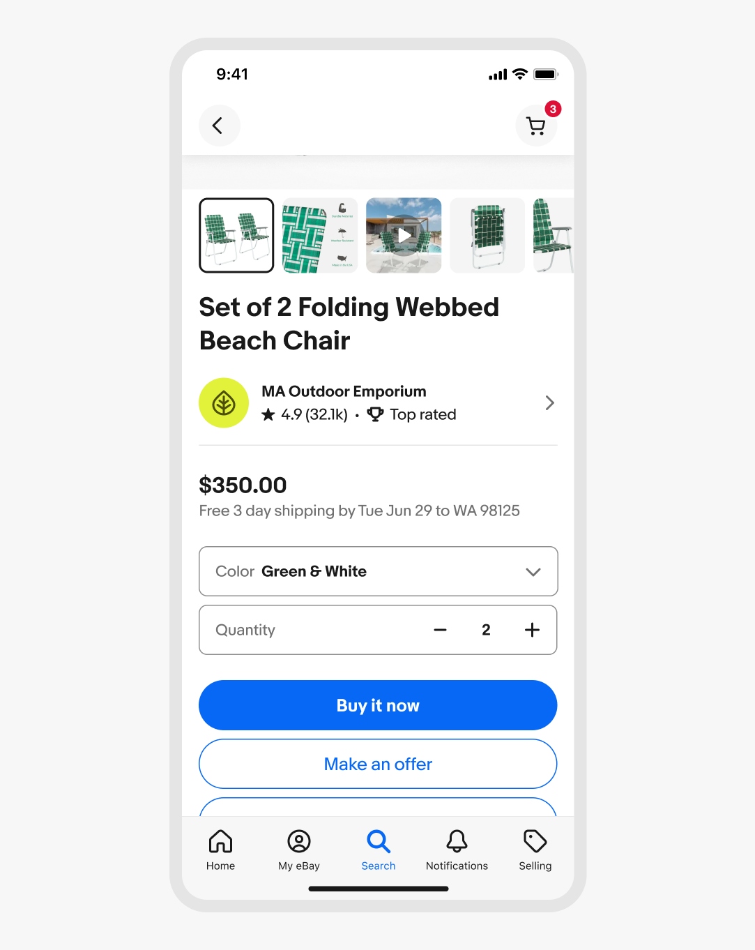 Mobile product detail page for a “Set of 2 Folding Webbed Beach Chair” priced at $350.00 with free 3-day shipping. The seller is “MA Outdoor Emporium,” rated 4.9 stars and top-rated. Users can select a color from a dropdown field and below that is a numeric stepper labeled “quantity” set to 2, and choose between “Buy it now” or “Make an offer” buttons. Product image thumbnails are displayed at the top.