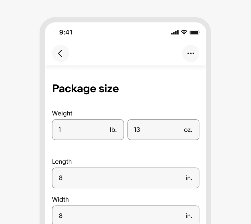 Mobile interface for entering package size details. The screen includes fields for weight (1 lb, 13 oz), length (8 in), and width (8 in). Each input field is styled with rounded rectangular borders and labeled with appropriate units. The page title reads “Package size.”