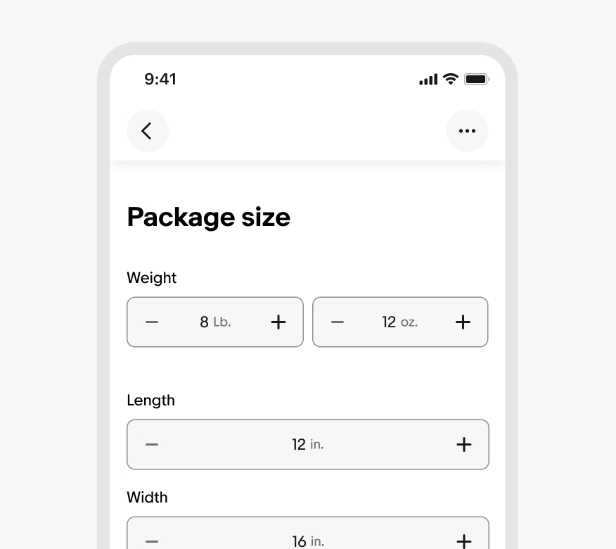 Mobile interface for editing package size using numeric steppers. The screen includes weight fields with minus and plus buttons set to 8 lb and 12 oz, and dimension fields for length (12 in) and width (16 in). The page title reads “Package size.”