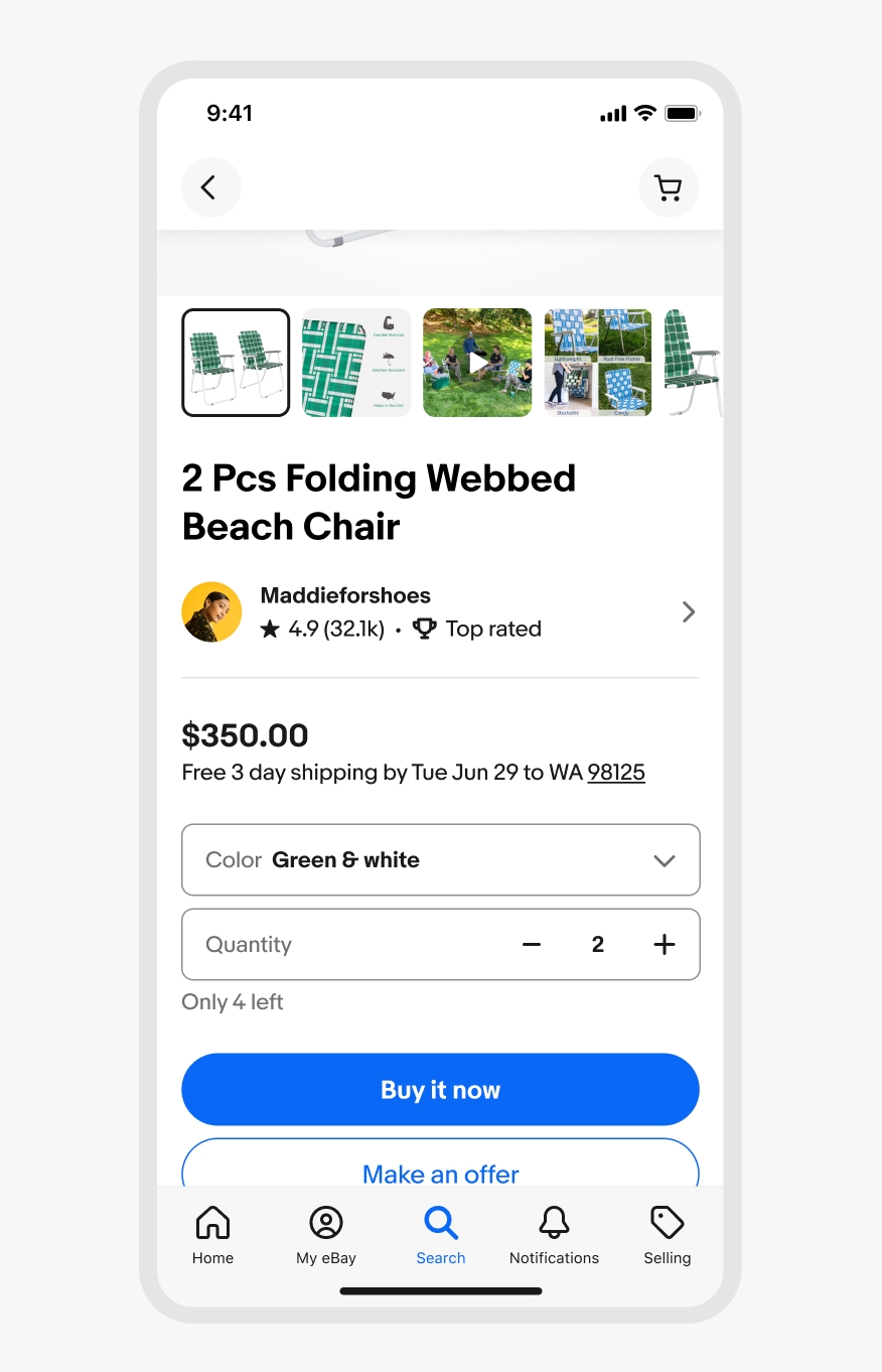 Mobile product page for “2 Pcs Folding Webbed Beach Chair” priced at $350.00 with free 3-day shipping. The seller “Maddieforshoes” is top-rated with a 4.9-star rating. Users can select the color (Green & white), adjust quantity using a stepper set to 2, and are informed “Only 4 left.” Below are action buttons: “Buy it now” and “Make an offer.” Product image thumbnails are displayed at the top.