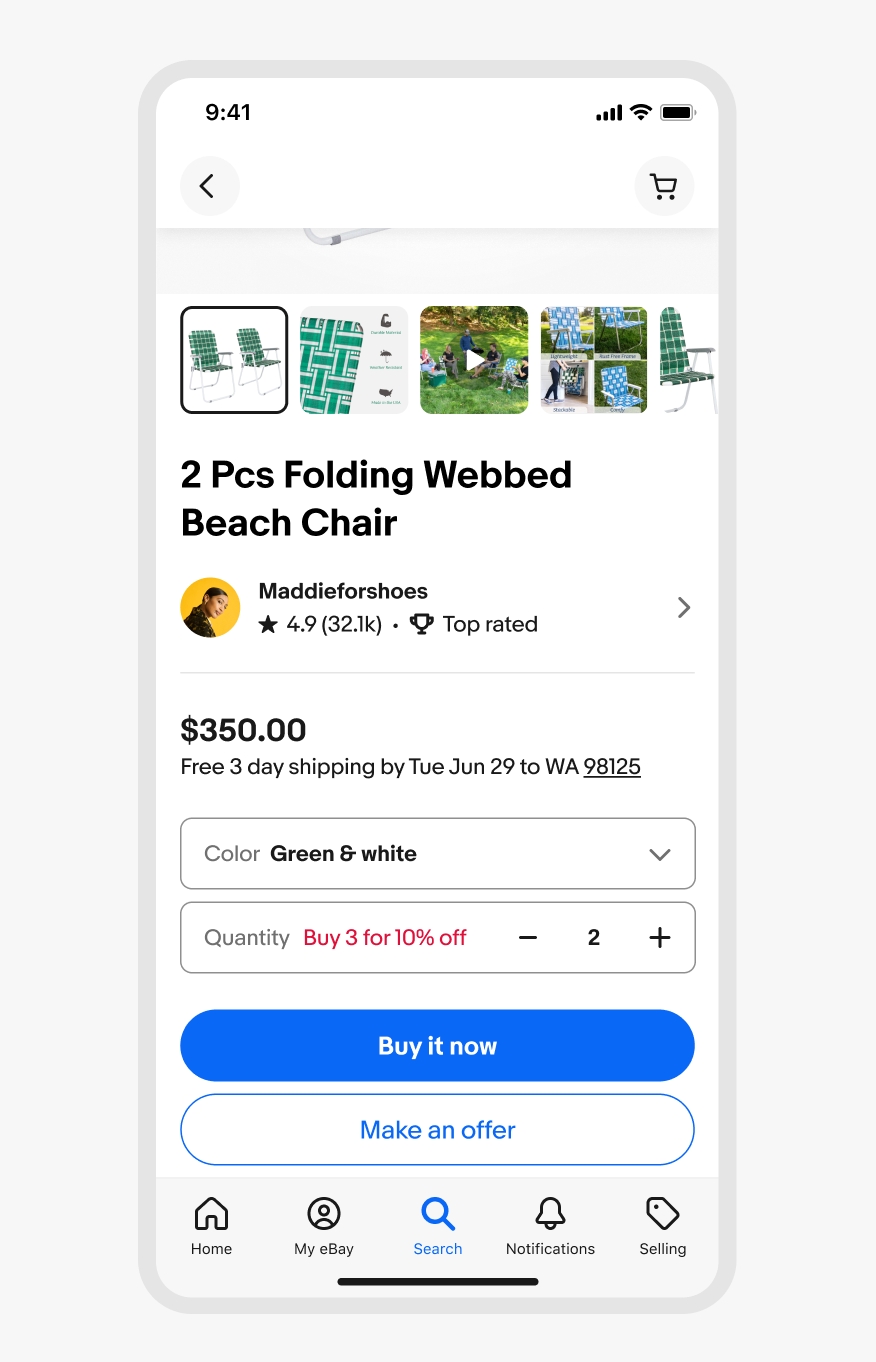 Mobile product page for “2 Pcs Folding Webbed Beach Chair” priced at $350.00 with free 3-day shipping. The seller “Maddieforshoes” is top-rated with a 4.9-star rating. Users can choose a color (Green & white) and adjust quantity using a stepper set to 2. A red promotional message inside the stepper reads “Buy 3 for 10% off.” Action buttons include “Buy it now” and “Make an offer.” Product image thumbnails are displayed at the top.