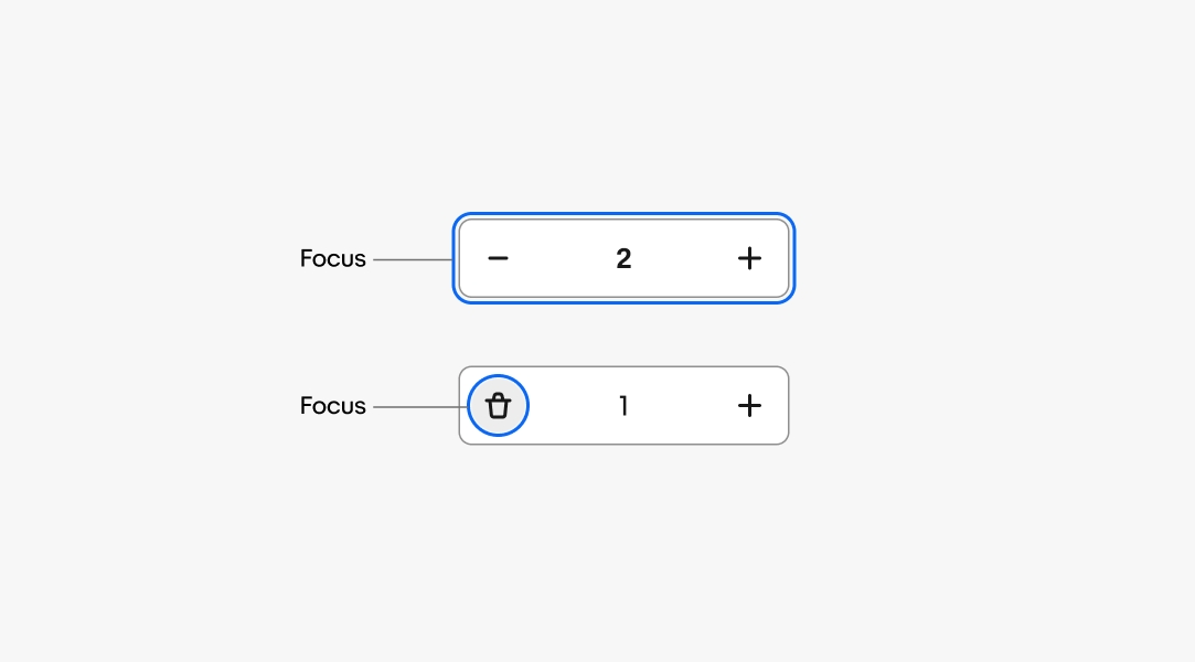 A numeric stepper component with blue focus outline around entire component, followed by a numeric stepper with blue focus outline around its delete button.