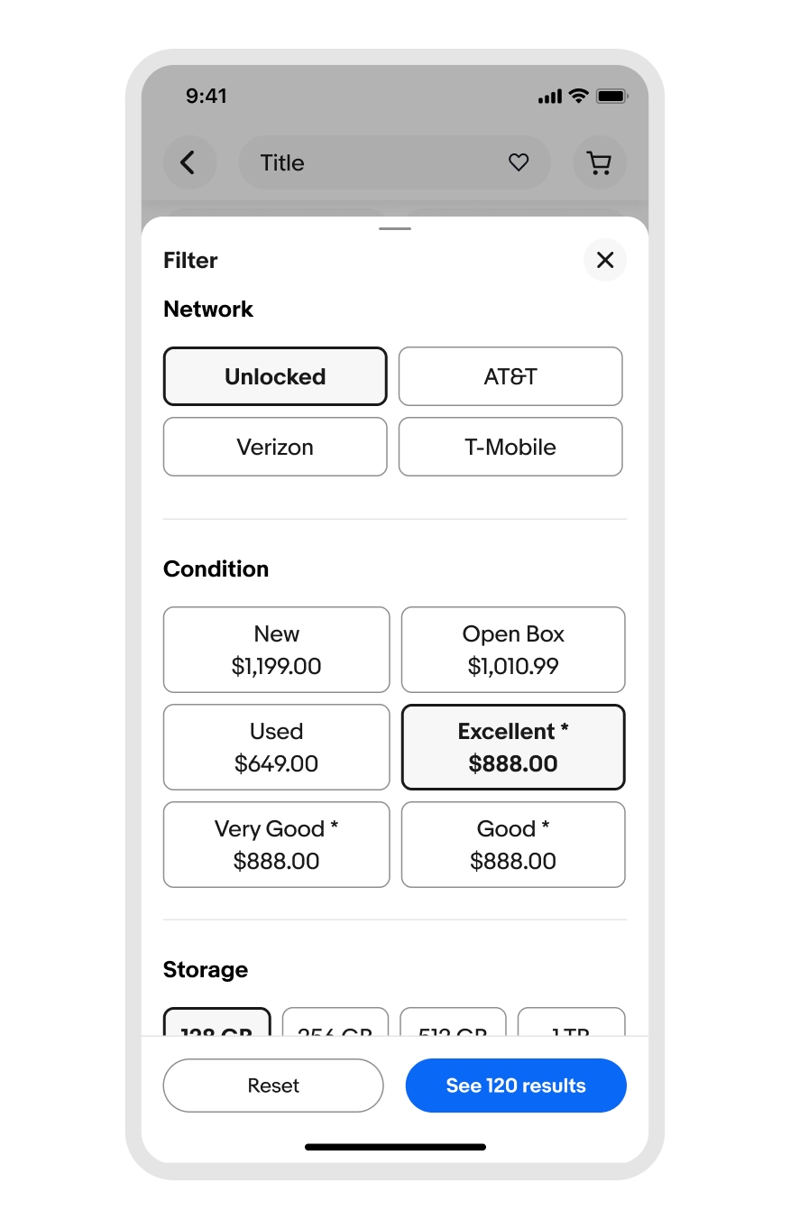 A filter sheet with three sections. Each section is using the Toggle buttons to show selectable filters.