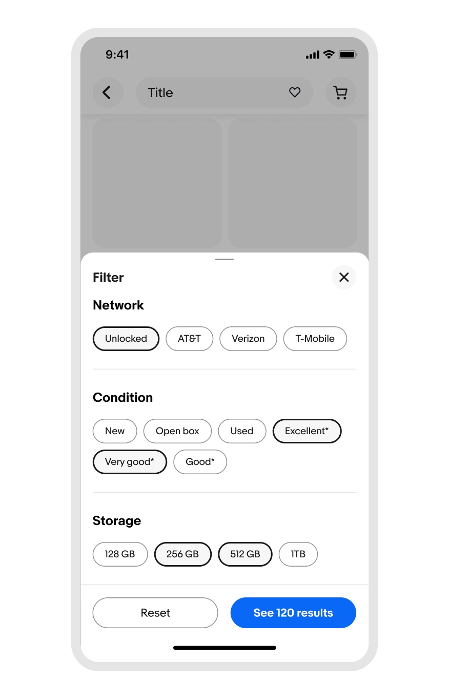A filter sheet with three sections. Each section is using the quick filter component to show selectable filters.