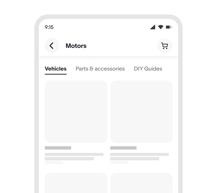 A page with tabs for navigating to subpages labeled “Vehicles”, “Parts & accessories”, and “DIY Guides”.