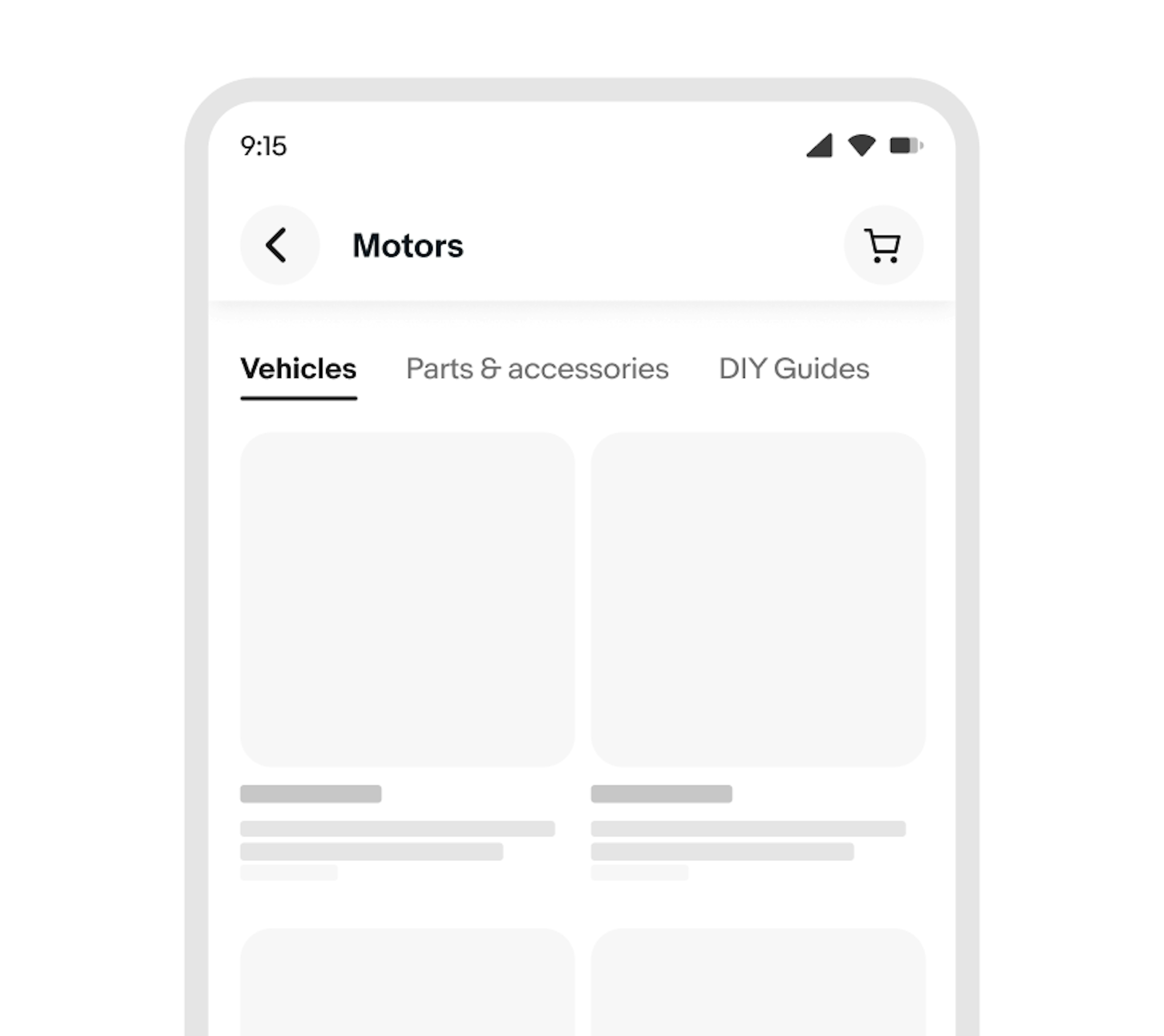 A page with tabs for navigating to subpages labeled “Vehicles”, “Parts & accessories”, and “DIY Guides”.