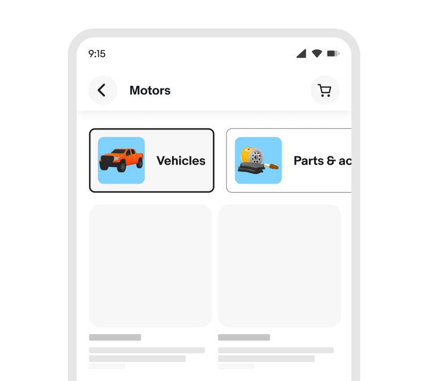 A page with toggle for navigating to subpages labeled “Vehicles”, “Parts & accessories”, and “DIY Guides”.