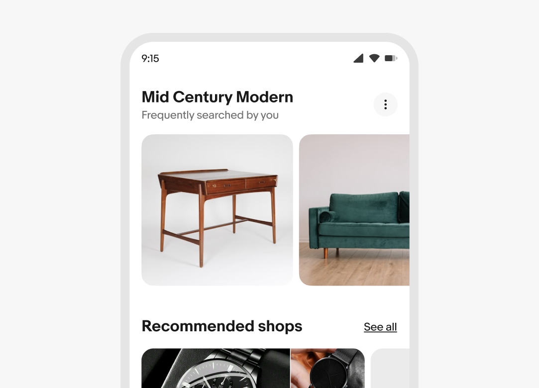 A ‘Mid Century Modern’ section header title, a ‘Frequently searched by you’ subtitle, and an overflow icon button.