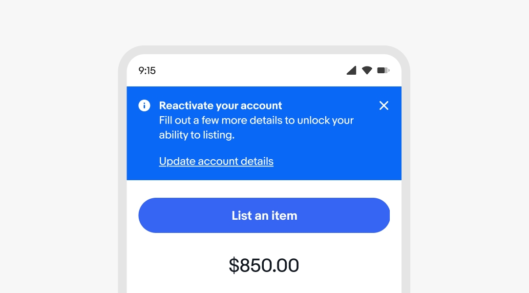 An information page notice placed at the top of a mobile screen. A primary cta button and item price are beneath it.