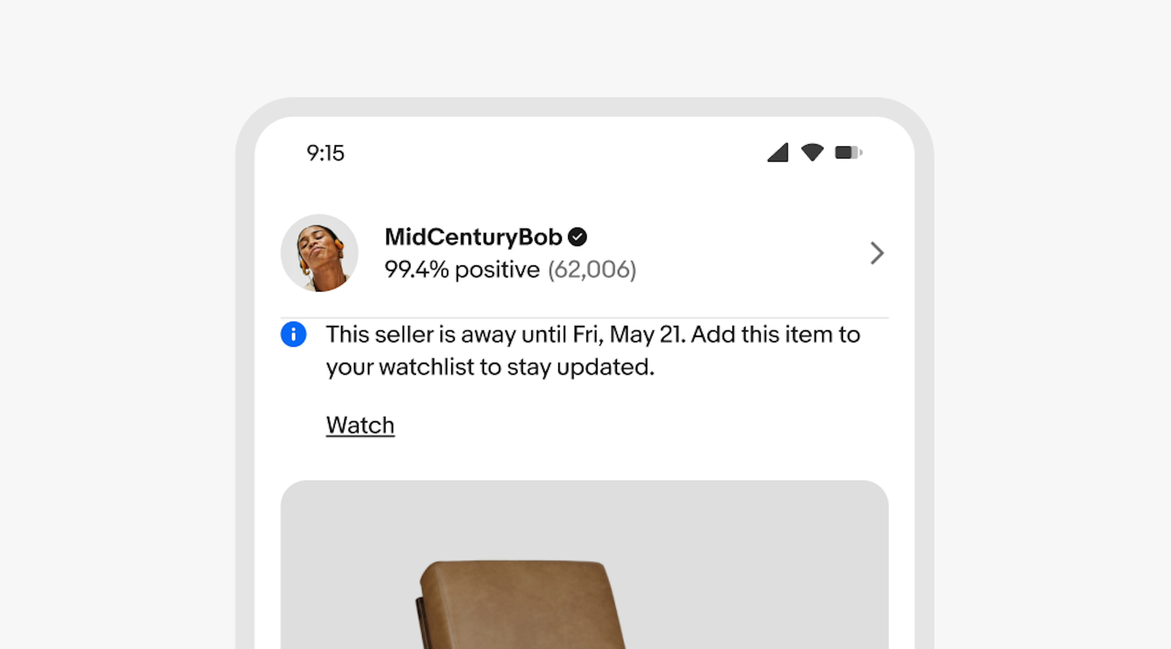 A mobile screen with an information inline notice between sections of content. It has two lines of text and a button.