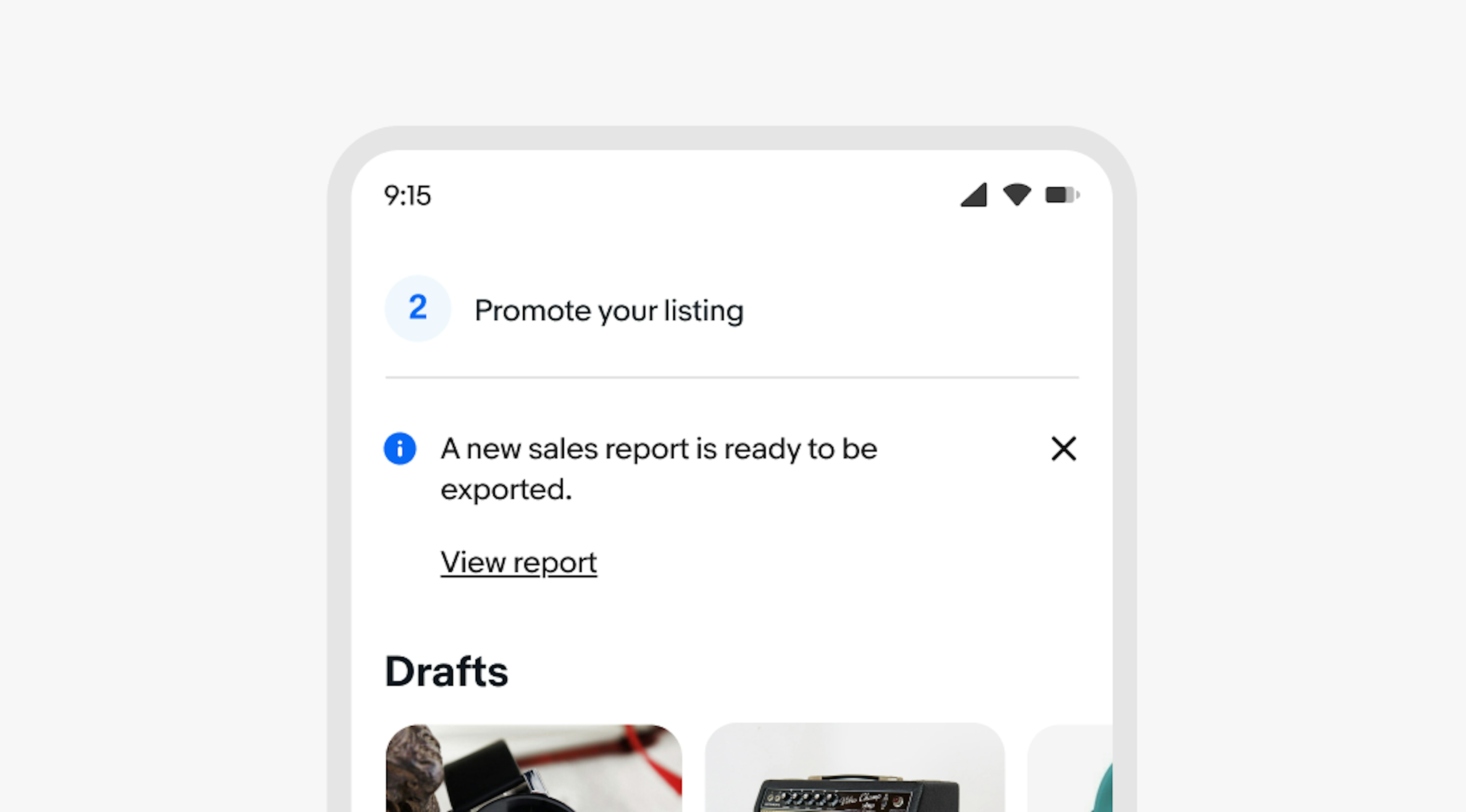 An information inline notice in the middle of page content. The inline notice states a sales report is ready to export with a button to view the report.