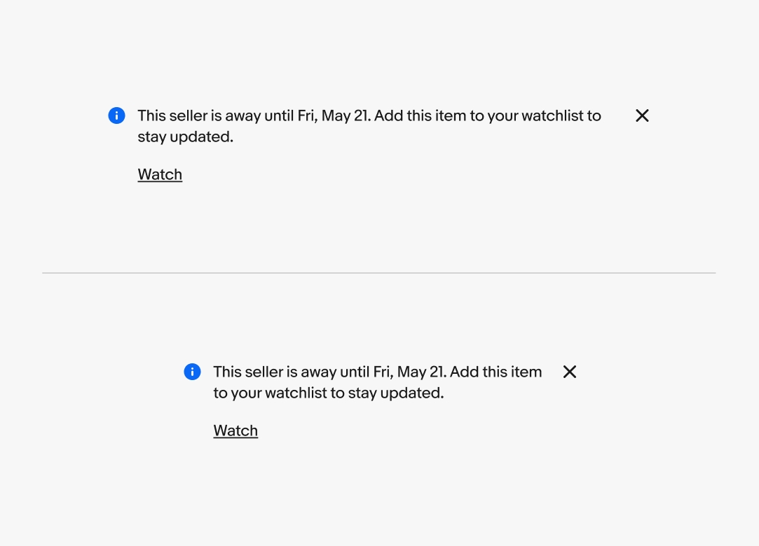 Two information inline notices. One is wide and one is narrow. Both have the action button below the content.