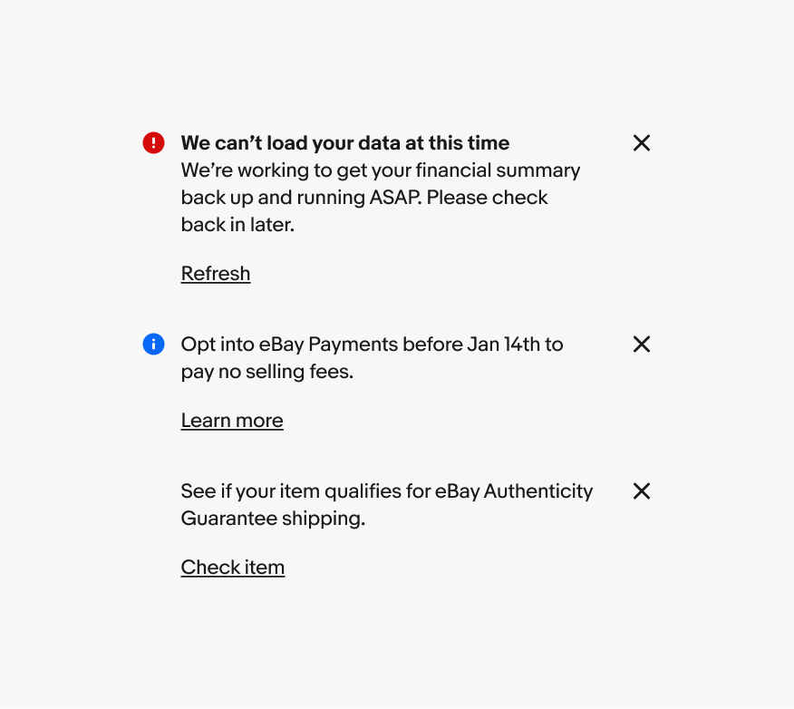 Three variants of inline notices stacked on top of each other.
