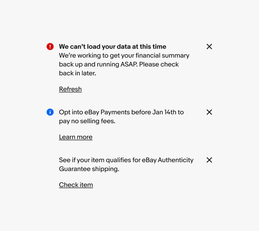Three variants of inline notices stacked on top of each other.