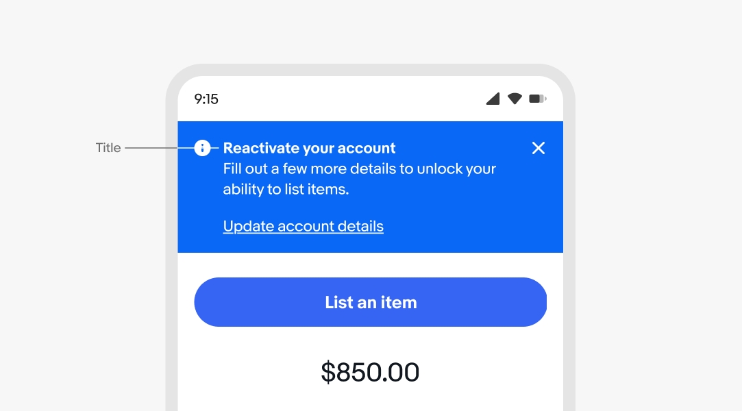 A mobile screen with an information page notice. “Title” points to “Reactivate your account”.