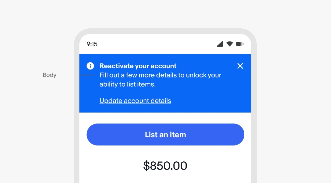 A mobile screen with an information page notice. “Body” points to “Fill out a few more details to unlock your ability to list items.”
