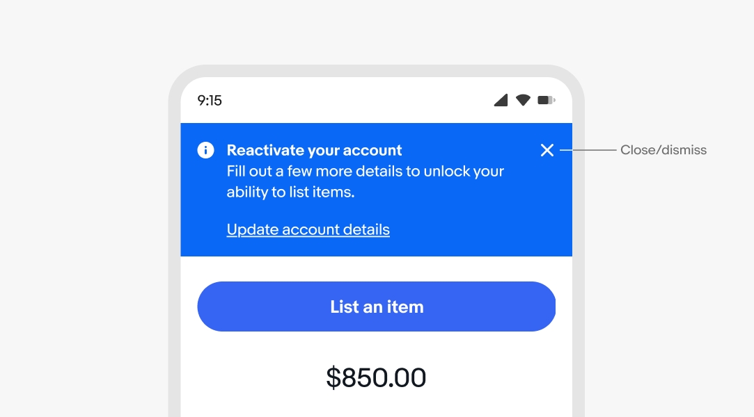 A mobile screen with an information page notice. “Close/dismiss” points to an “x” close icon.