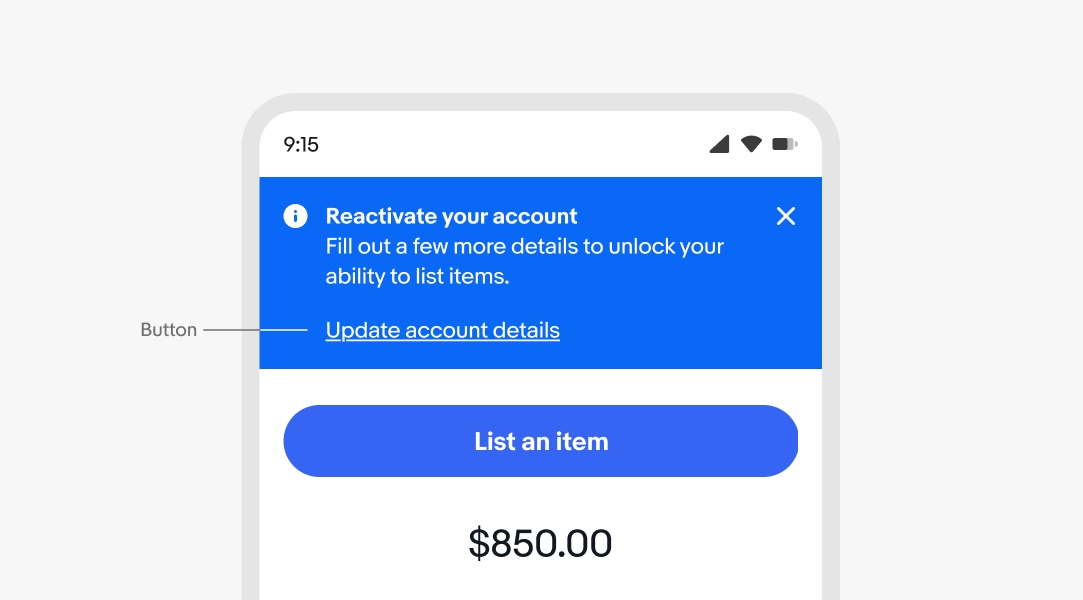 A mobile screen with an information page notice. “Button” points to the link button “Update account details”.