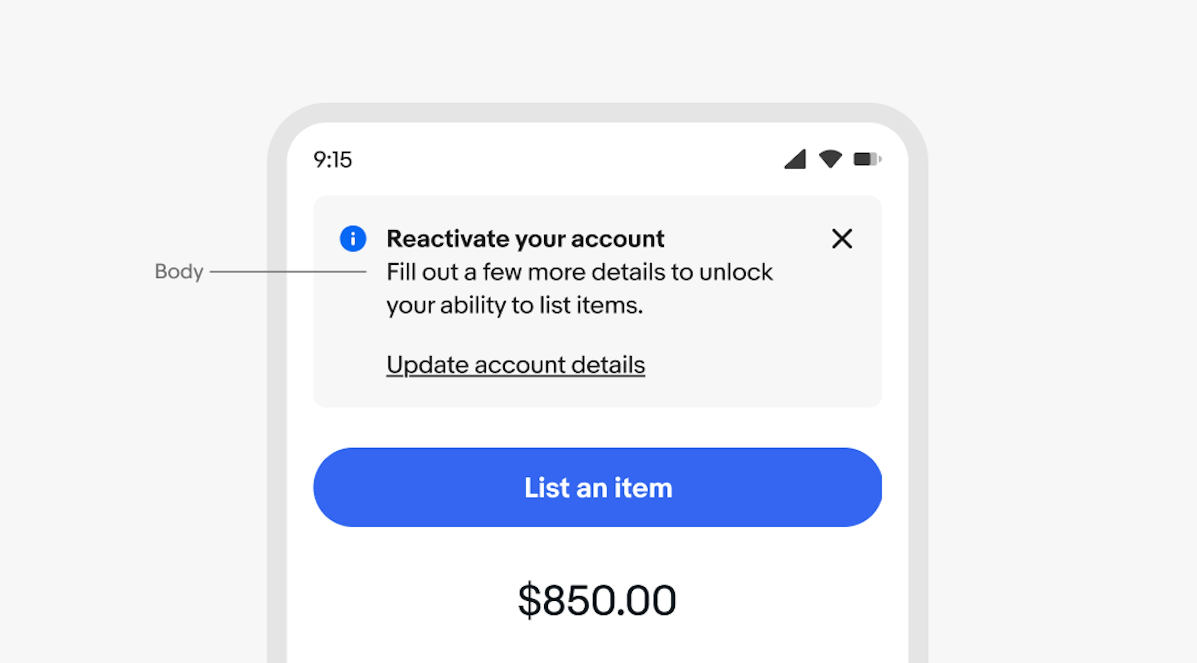 A mobile screen with an information section notice. “Body” points to “Fill out a few more details to unlock your ability to list items.”