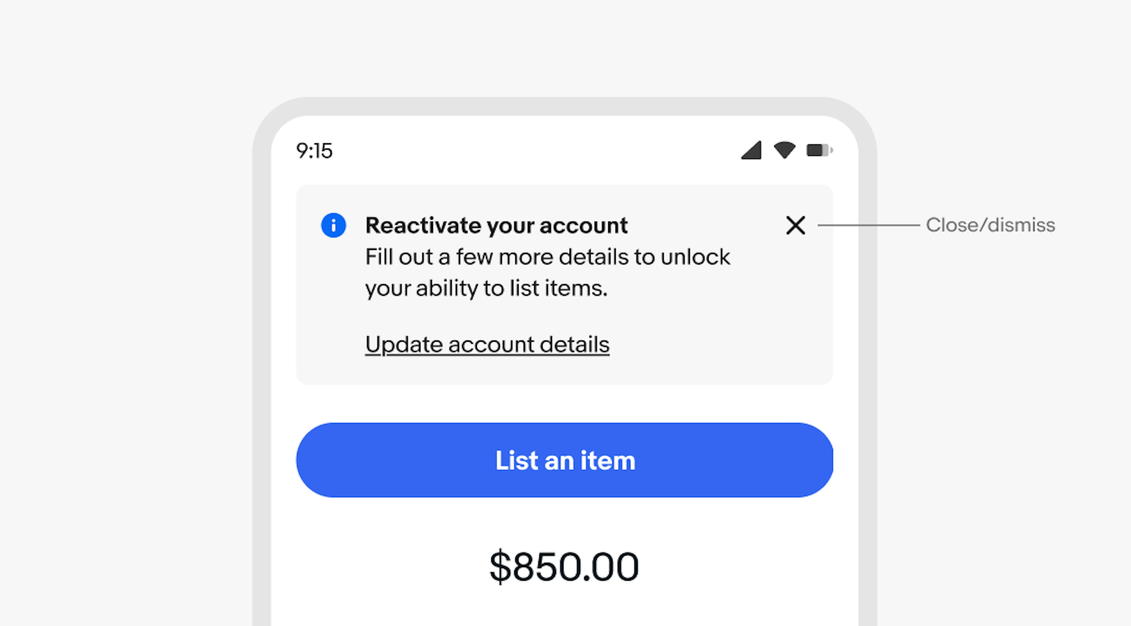A mobile screen with an information section notice. “Close/dismiss” points to an “x” close icon.