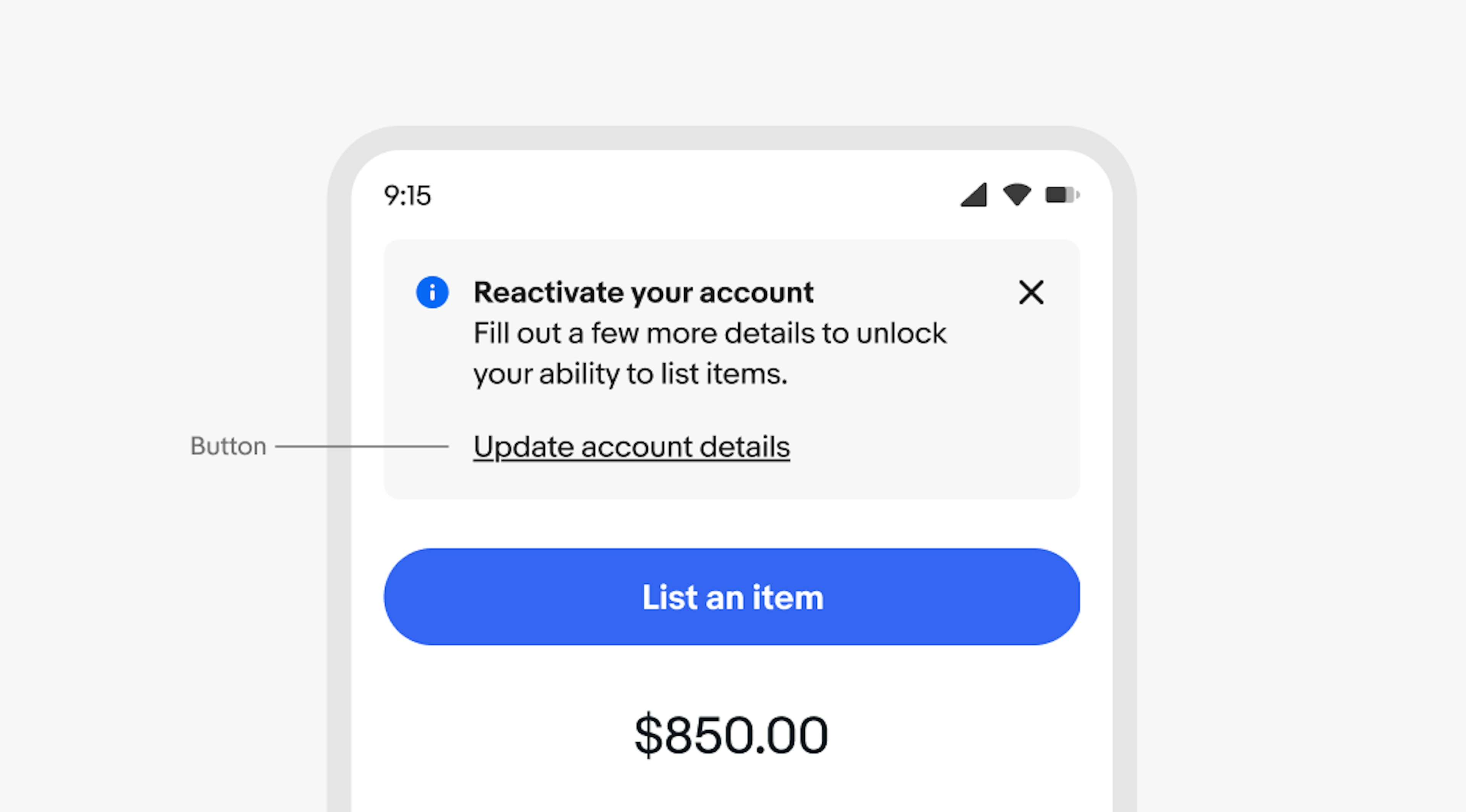 A mobile screen with an information section notice. “Button” points to the link button “Update account details”.