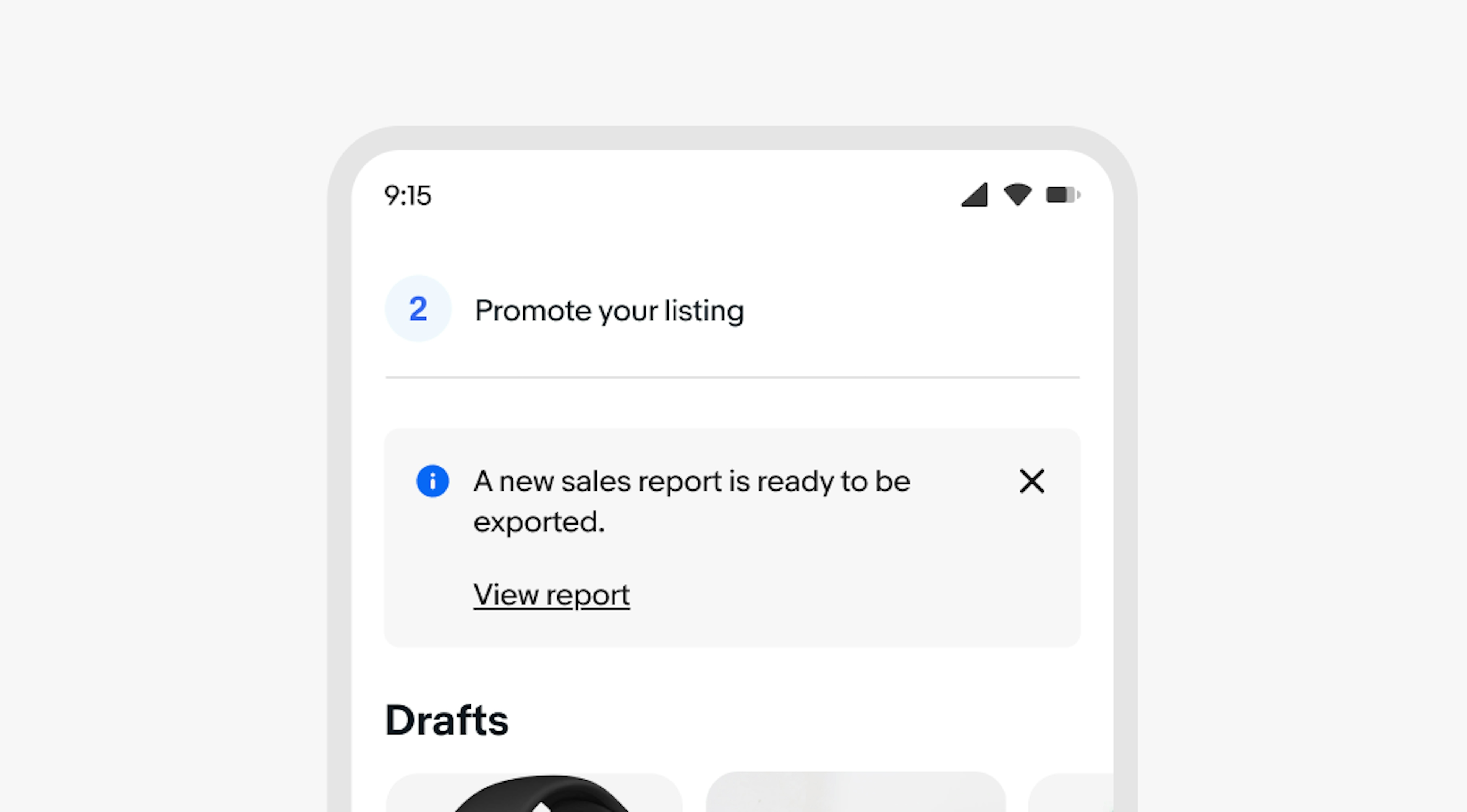 An information section notice in the middle of content sections on a mobile screen. The section notice states a new sales report is ready with a button to view report.