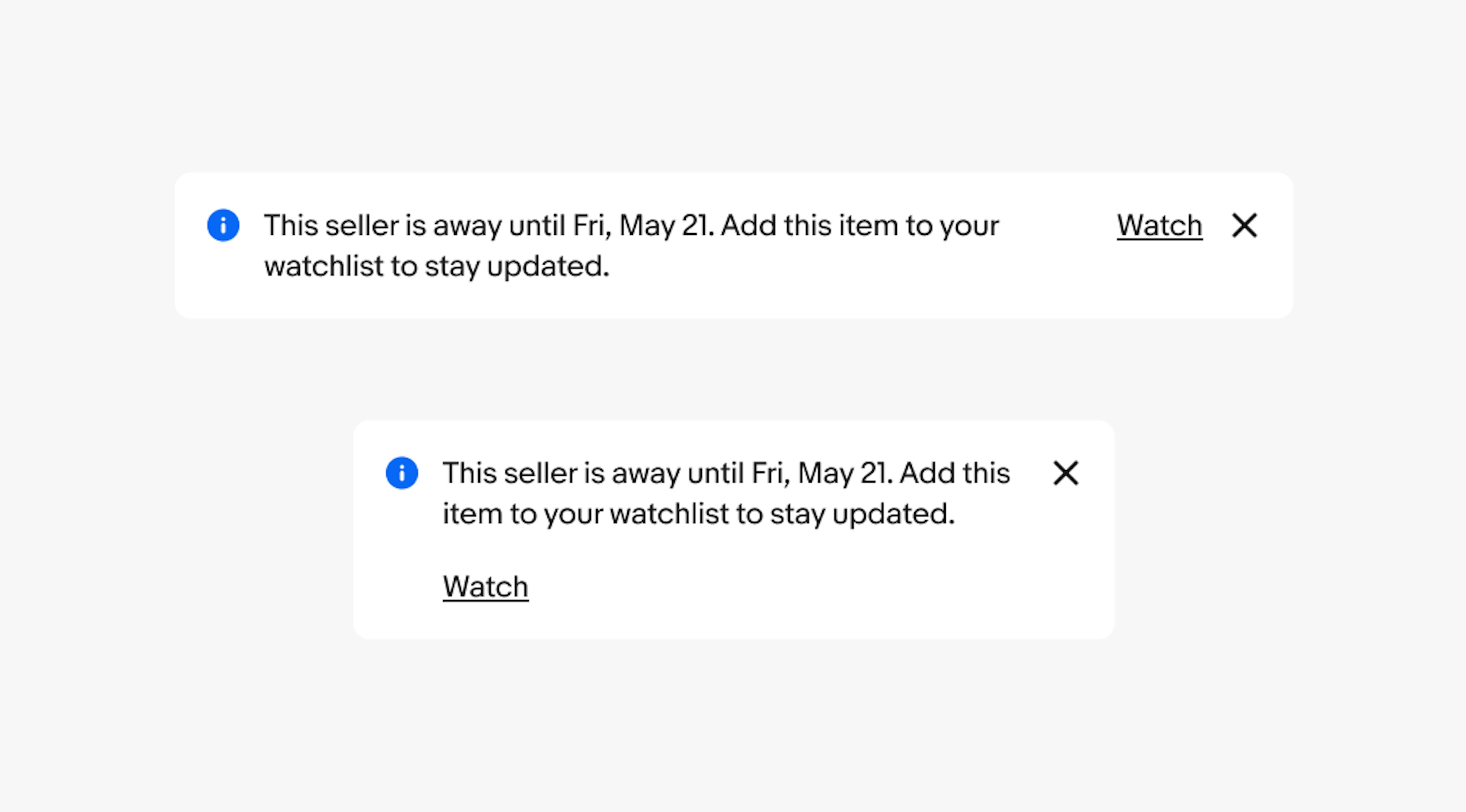 Two information section notices. One is wide and one is narrow. The wide one has the button on the right, while the narrow one has the action button at the bottom.