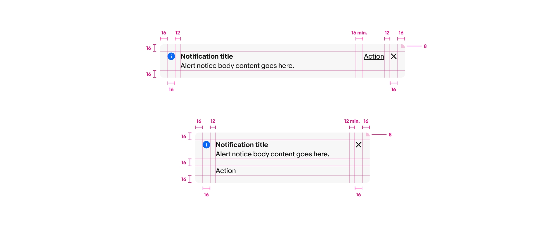 Specs for a wide and narrow section notice. Both use 16px icons with 12px of space between the icon and content area. 16px is between the body text and link button. 12px of minimum space is between the content area and close/dismiss button. The close button is 16px. 16px of padding is around the top, bottom, left, and right of the content area. The corner radius on the container is 8px.