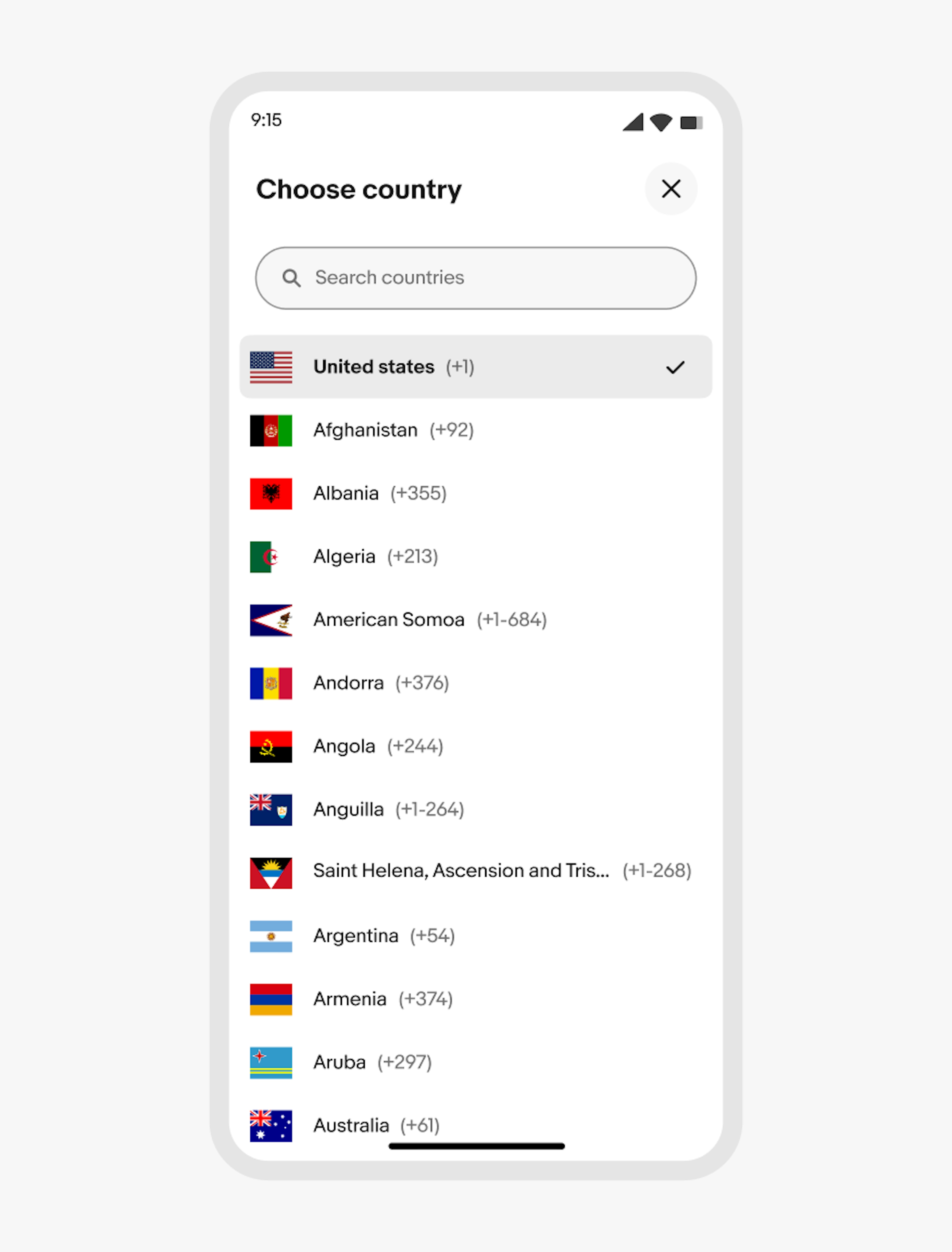 A fullscreen overlay with a list of countries and country codes is shown on the eBay mobile app.