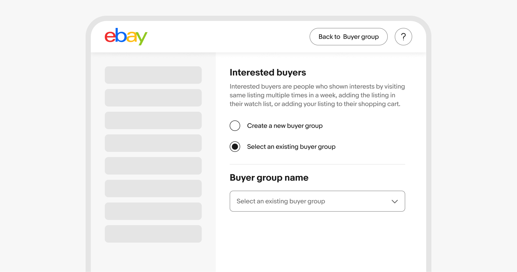 Two small radio buttons are group in an ‘Interested buyers’ section on a larger eBay screen.
