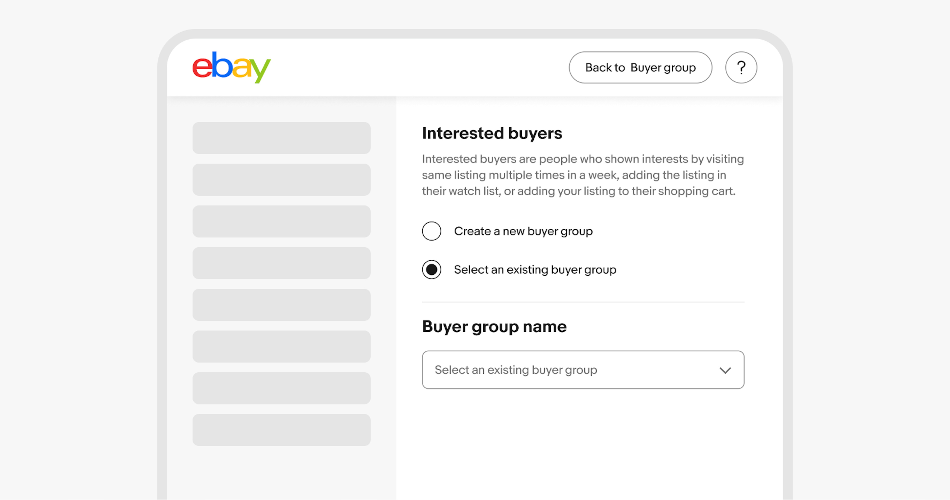 Two small radio buttons are group in an ‘Interested buyers’ section on a larger eBay screen. 