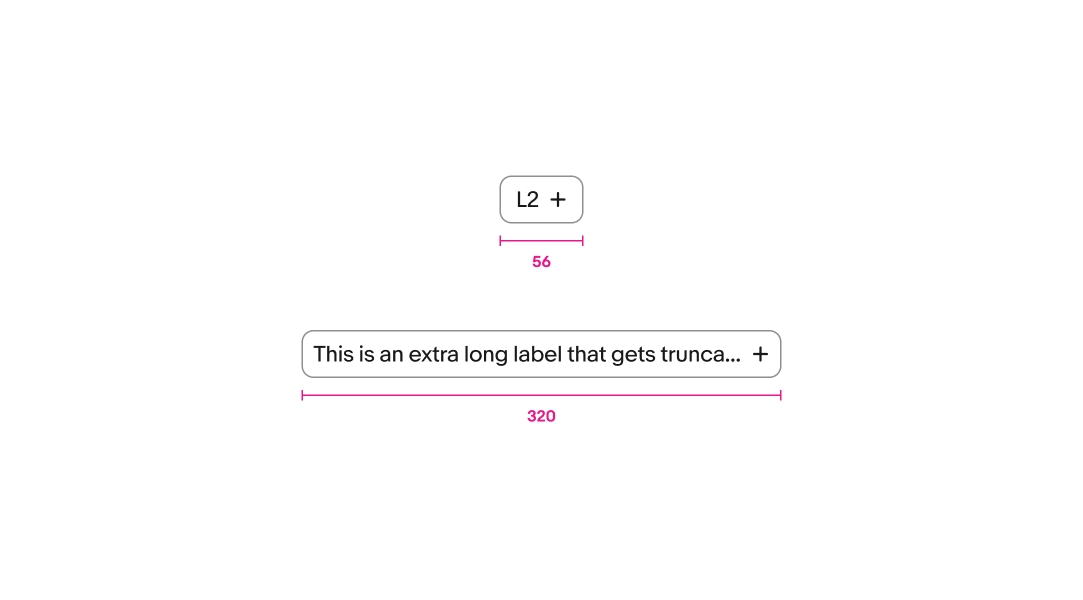 Minimum width example of a chip labeled “L2” - the min width is 56px. A second chip is below with a long, truncated label and dropdown arrow showing a maximum width of 320px.