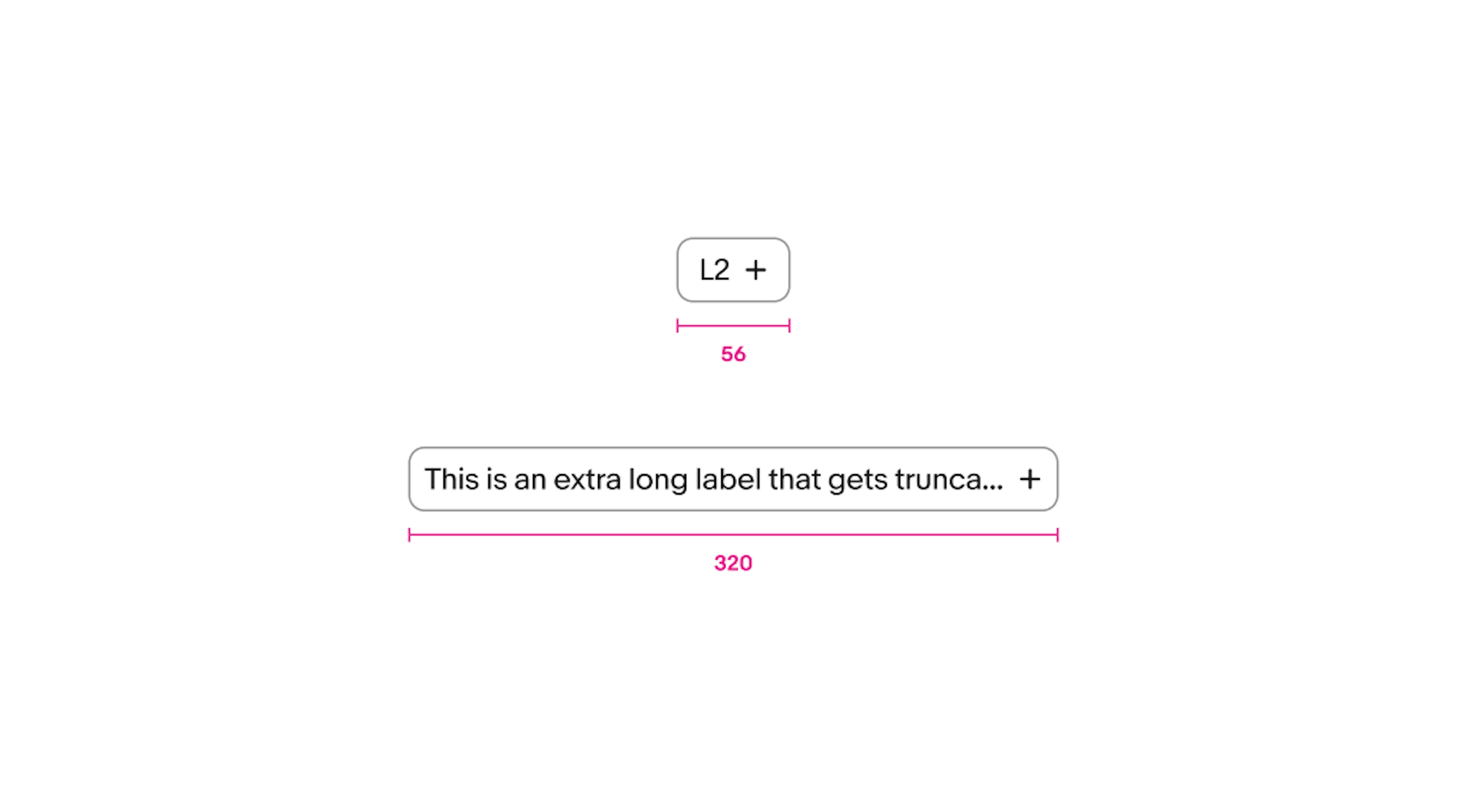 Minimum width example of a chip labeled “L2” - the min width is 56px. A second chip is below with a long, truncated label and dropdown arrow showing a maximum width of 320px.