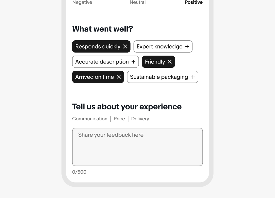 Feedback form with selected and unselected chips and a comment text box.