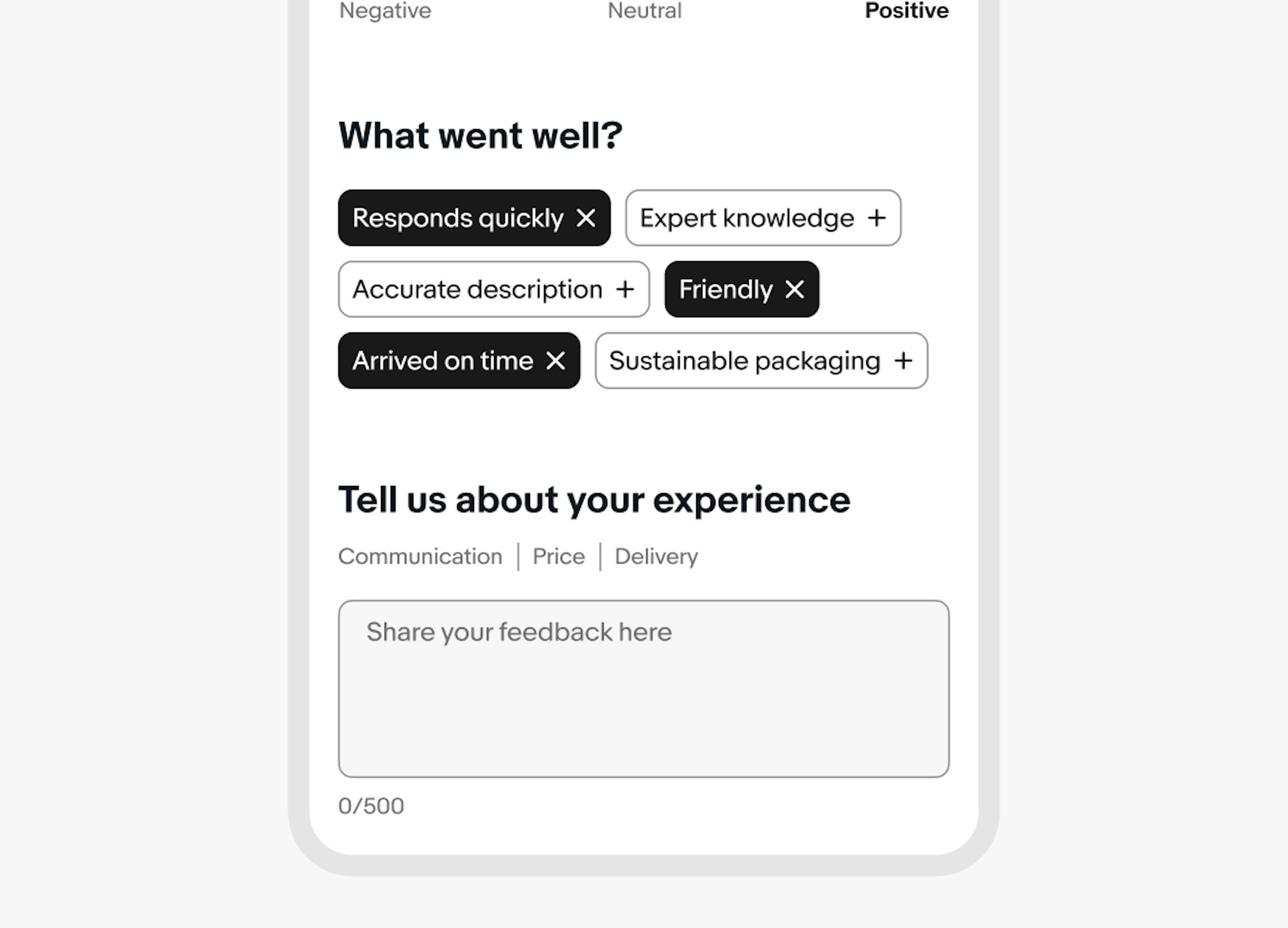Feedback form with selected and unselected chips and a comment text box.