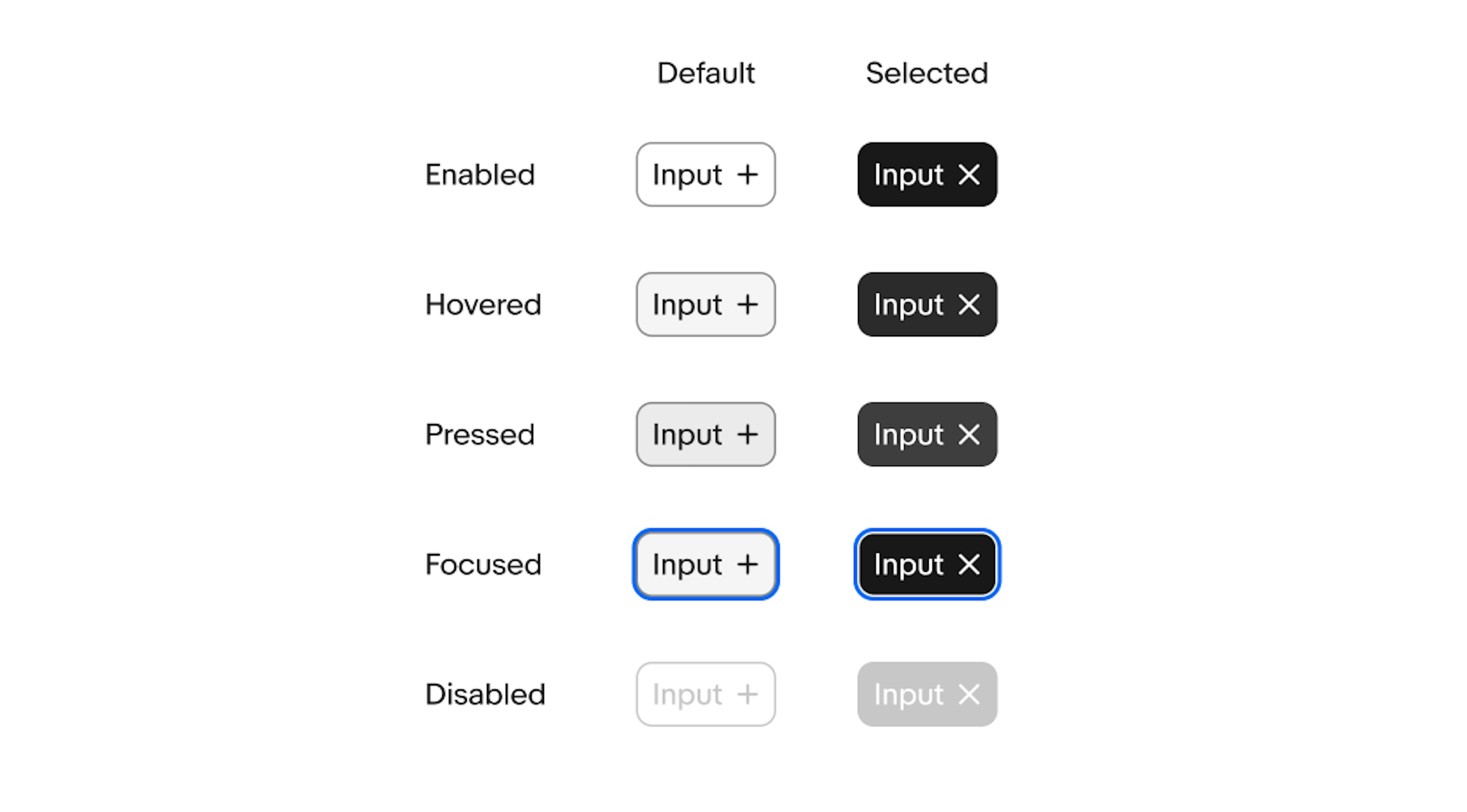 Layer state guide for the input chip displayed in five layer states: Enabled, Hover, Focus, Pressed, and Disabled in both selected and unselected states.
