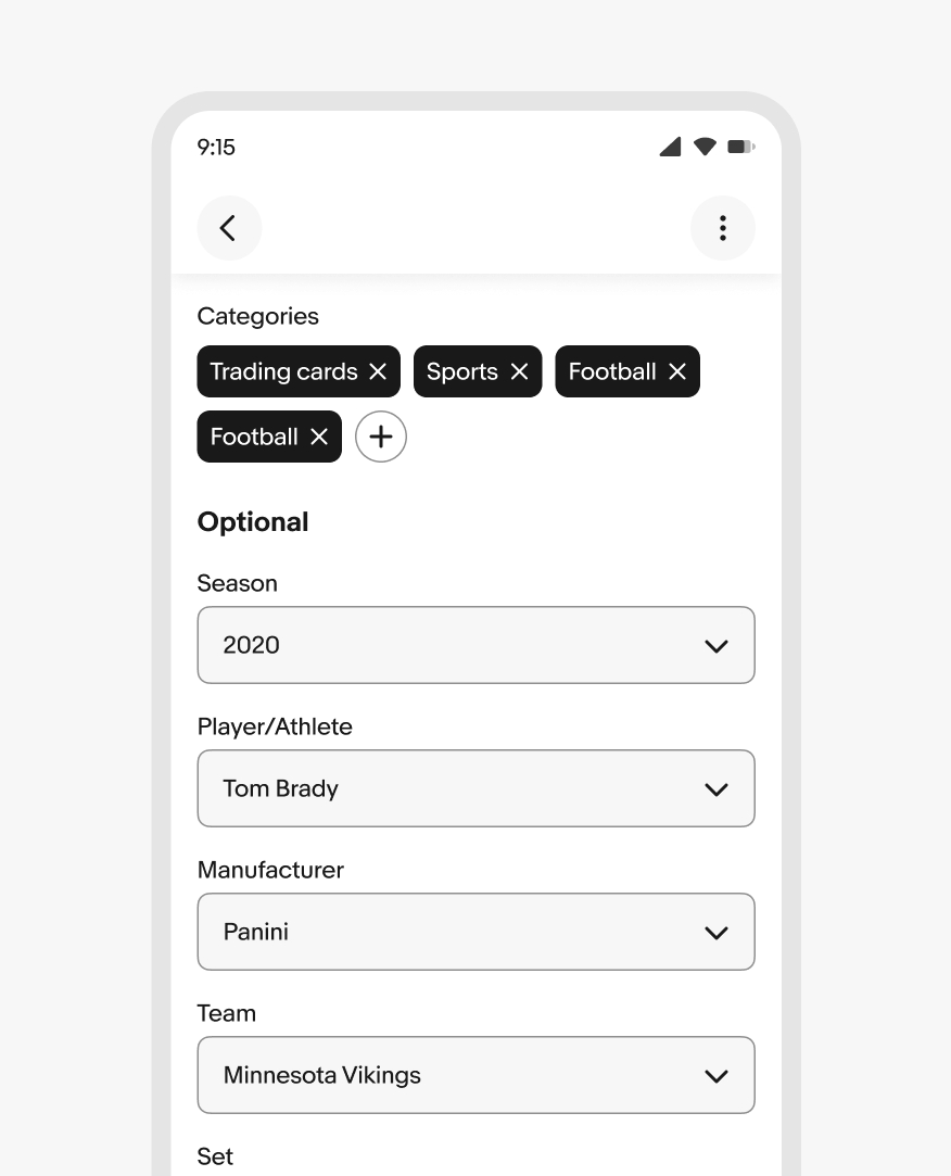 Mobile form with a category chip group and dropdowns for card details.