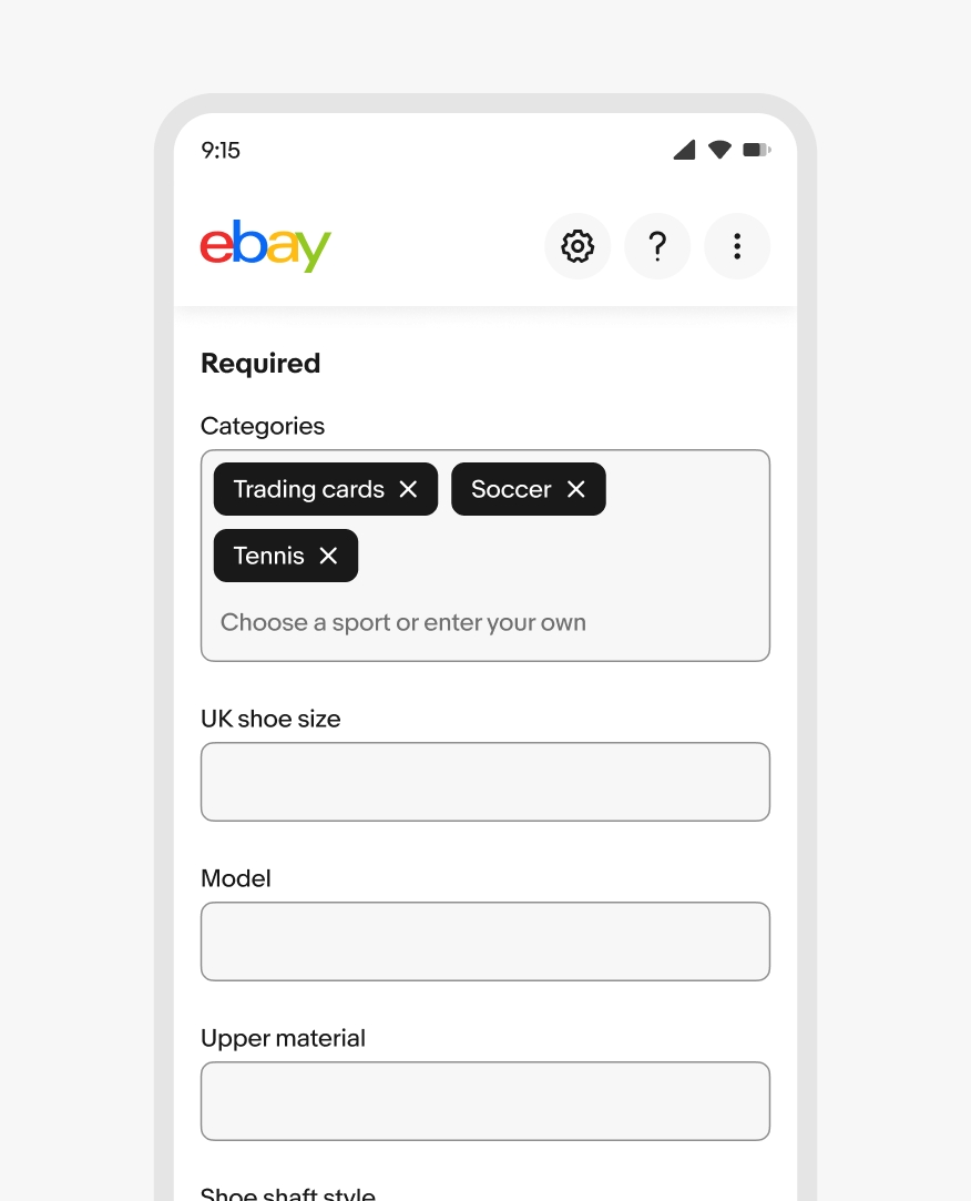 Mobile form with selected categories and input fields for shoe details. A combobox is visible with chips inside.
