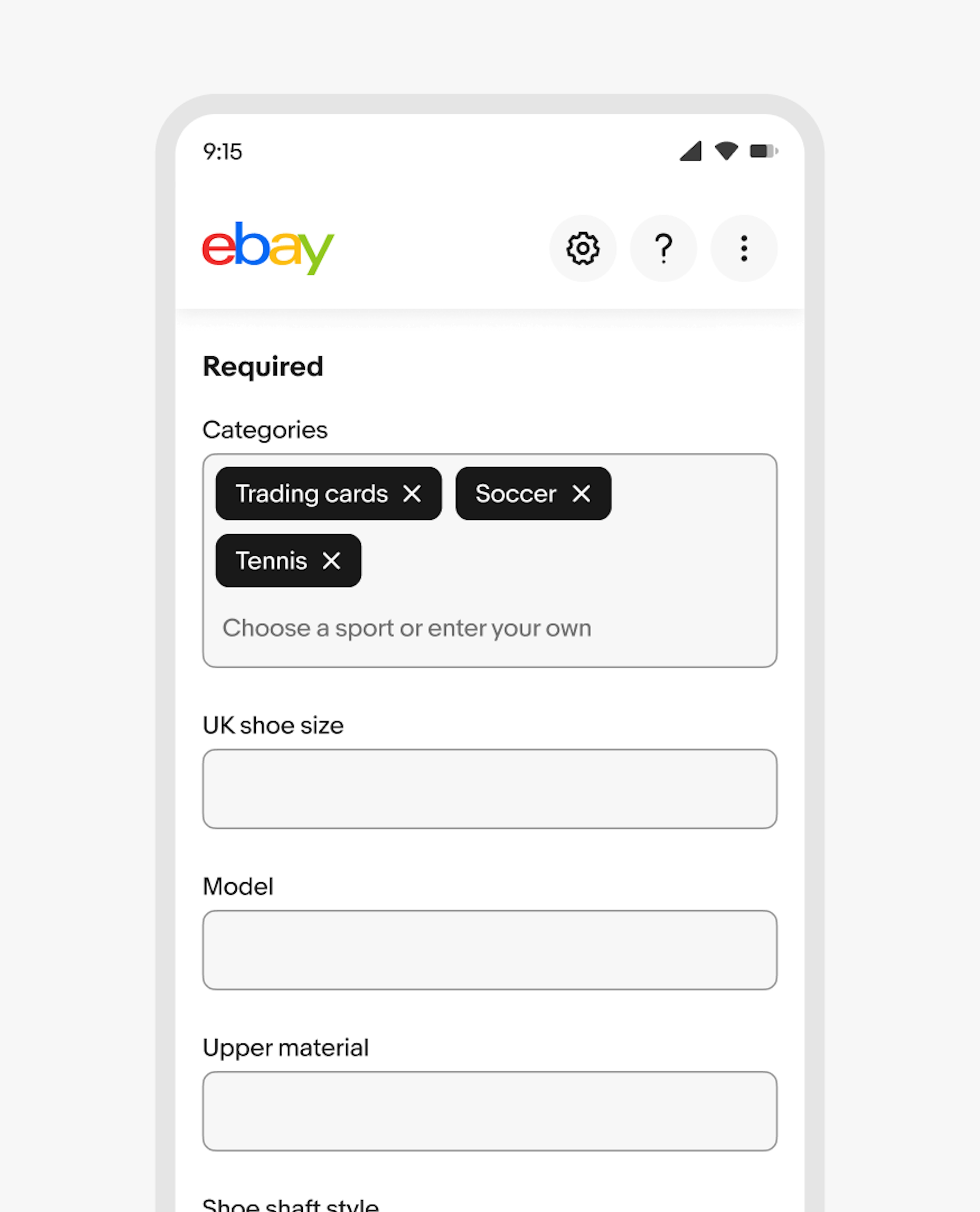 Mobile form with selected categories and input fields for shoe details. A combobox is visible with chips inside.