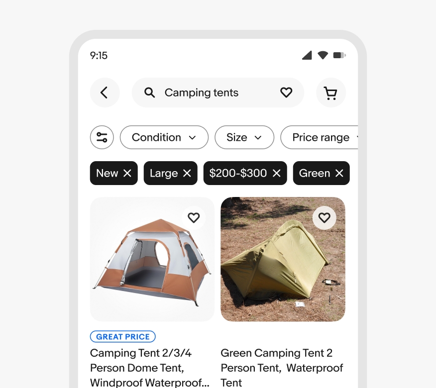 Mobile search results show camping tents with Filter chips stacked on top of input chips