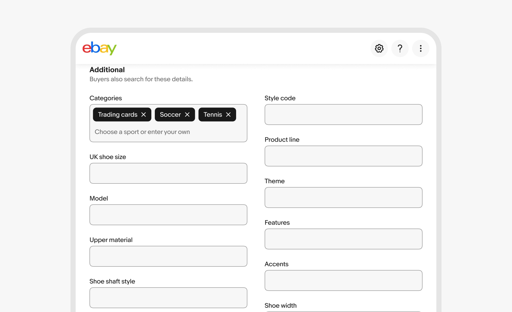 Desktop form with a category chip group and multiple product detail fields.
