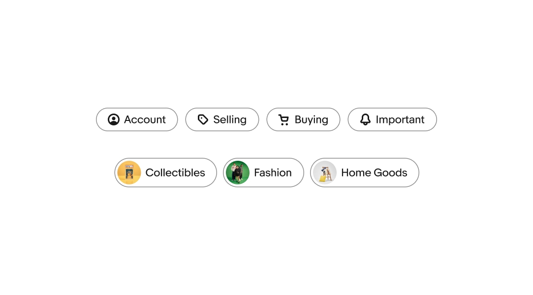 Three user input chips with photos and names: Mark S., Helly R., and Irving B., each with a remove button. Below are four filter chips labeled Account, Selling, Buying, and Important with icons. At the bottom, three discovery chips labeled Collectibles, Fashion, and Motors, each with the same an image.