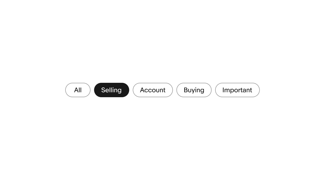 5 filter chips in a row labeled: “All”, “Selling”, “Account”, “Buying”, “Important”. The “Selling” ship is selected.