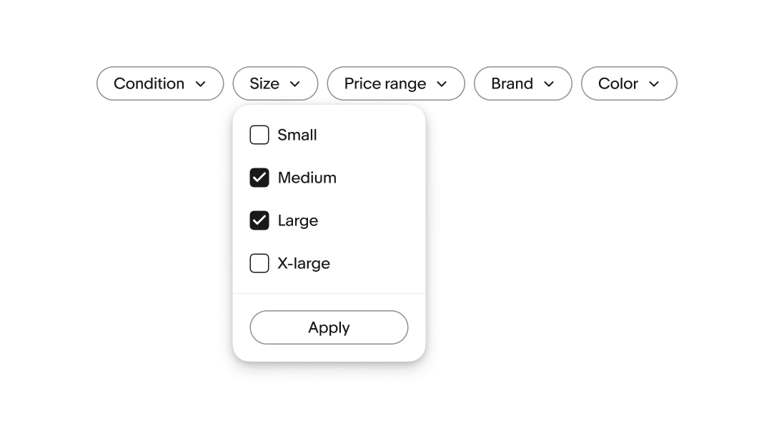 A product filtering interface showing dropdown menus for Condition, Size, Price range, Brand, and Color. The Size dropdown is expanded, displaying checkboxes for different size options: Small (unchecked), Medium (checked), Large (checked), and X-large (unchecked). At the bottom of the dropdown is an "Apply" button to confirm the size selection.