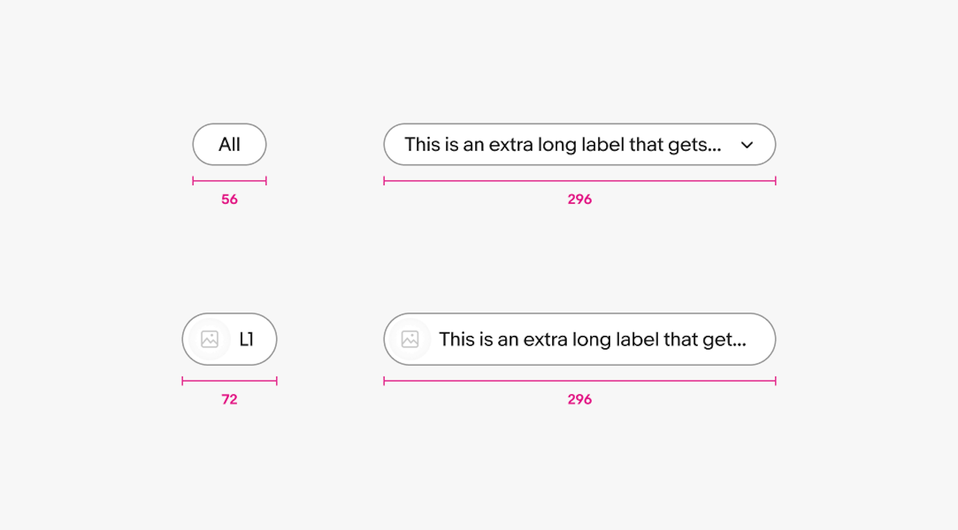 Minimum width example of a chip labeled “All” - the min width is 56px. A second chip is below with a long, truncated label and dropdown arrow showing a maximum width of 296px.