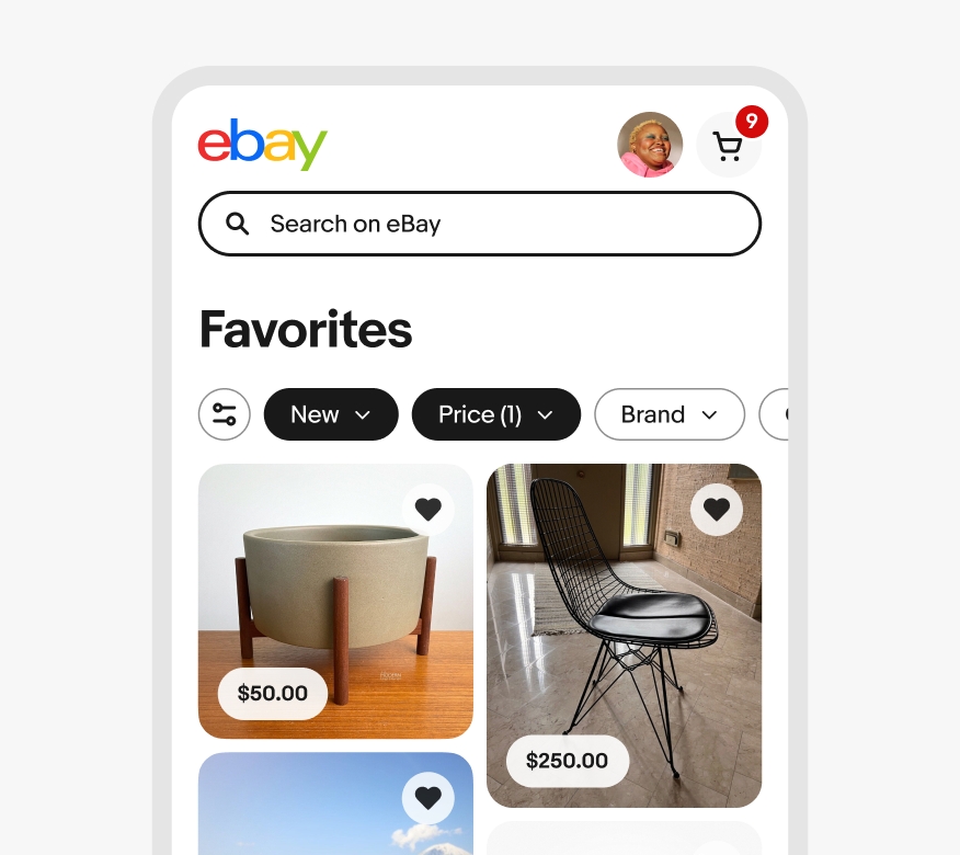 A mobile app interface of eBay showing the "Favorites" section. At the top, there is a search bar labeled "Search on eBay", a user profile picture, and a shopping cart icon with a red notification badge showing the number 9. Below the header, there are four tabs: Feed (selected), Watchlist, Searches, and Sellers. Under the "Feed" tab there is a gallery of products.