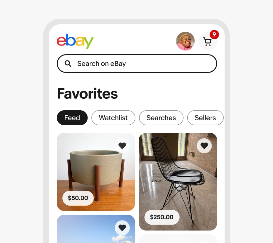 A mobile app interface of eBay showing the "Favorites" section. At the top, there is a search bar labeled "Search on eBay", a user profile picture, and a shopping cart icon with a red notification badge showing the number 9. Below the header, there are four filter chips: Feed (selected), Watchlist, Searches, and Sellers. Under the "Feed" chip there is a gallery of products.
