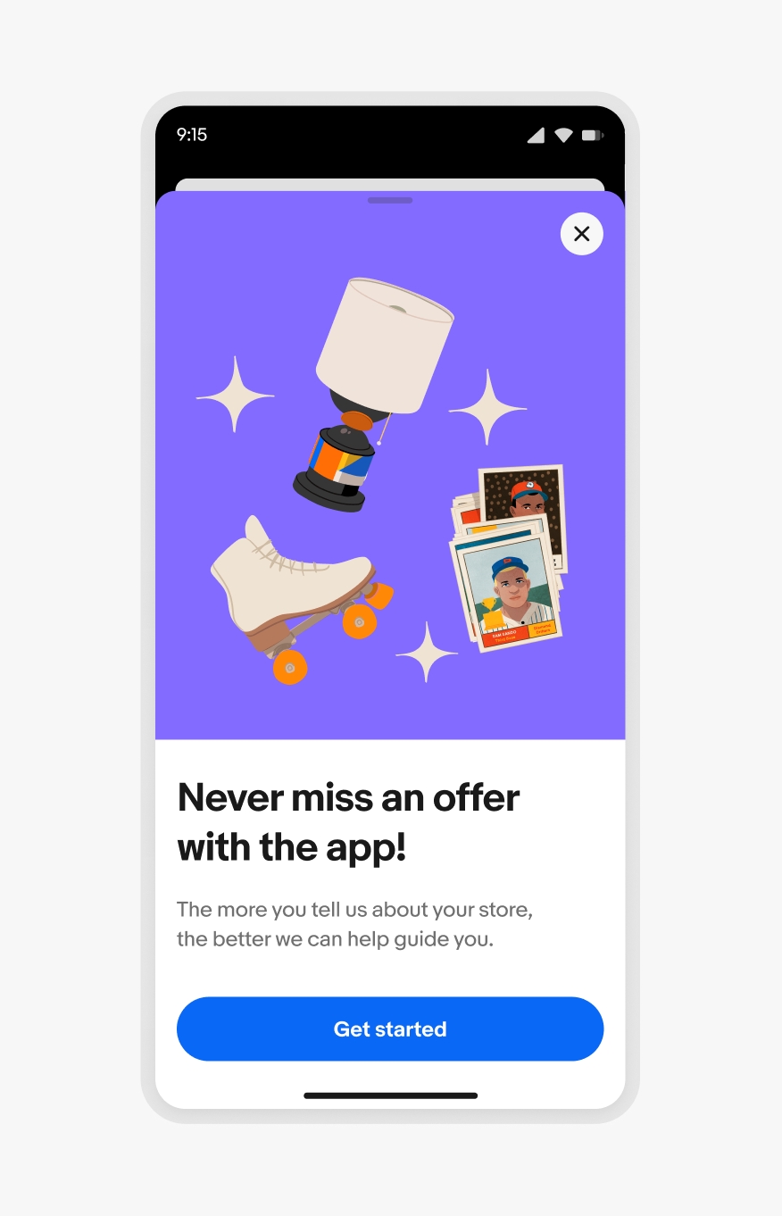 Full screen overlay on a compact iOS device with an illustration image, title, description, and button.